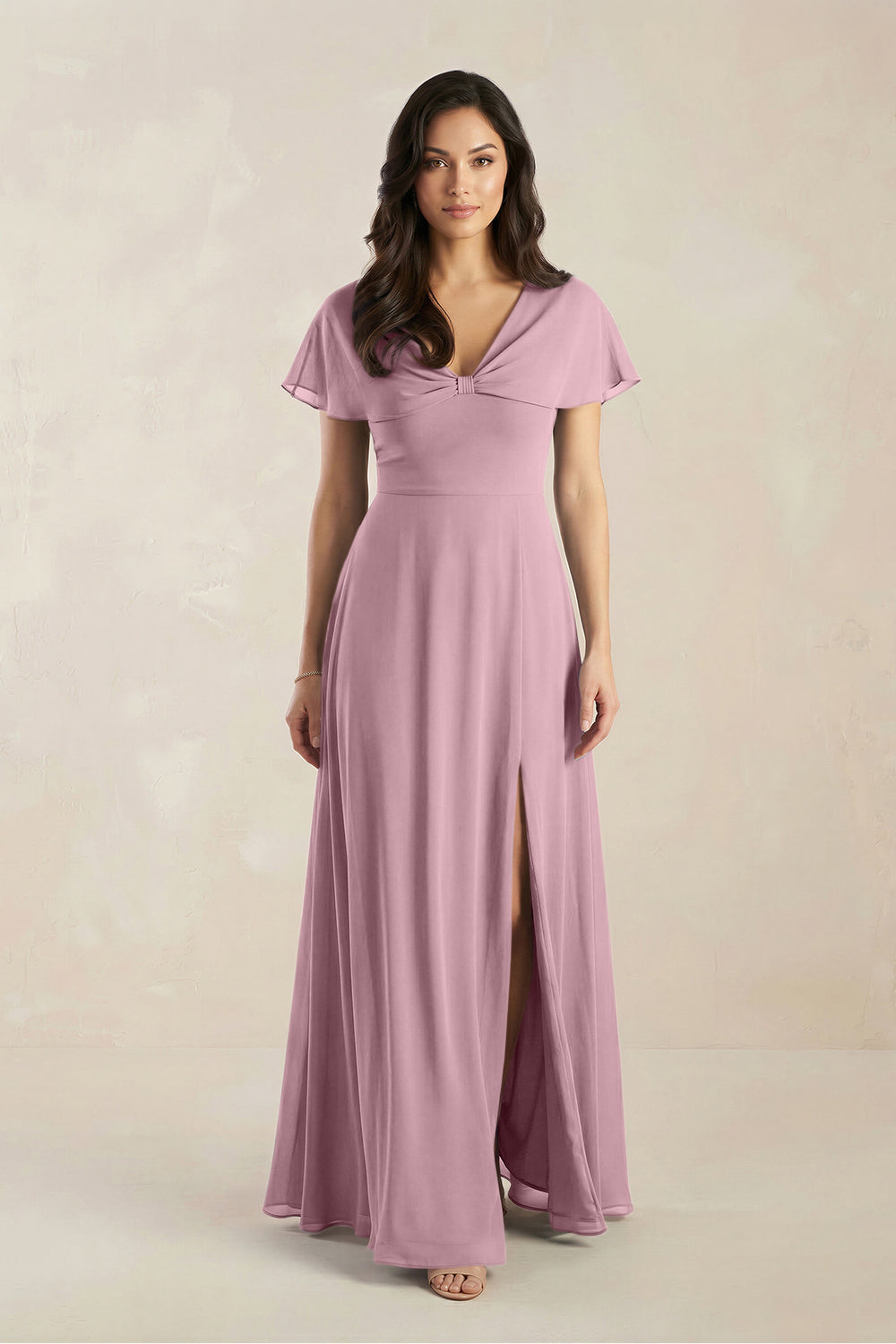 A-Line Short Sleeve Chiffon V-Neck Bridesmaid Dress in Vintage Mauve