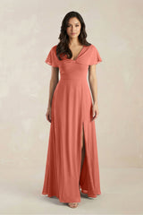 A - Line Short Sleeve Chiffon V - Neck Bridesmaid Dress in Wild Rose - KISS BRIDAL Bridesmaid Dresses