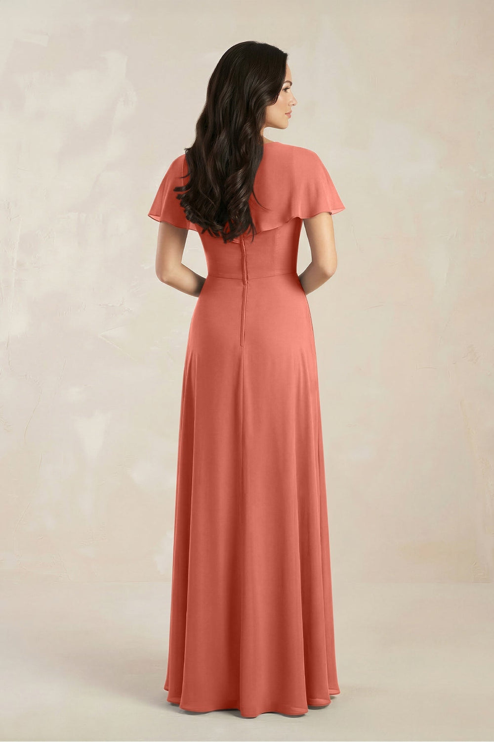 A - Line Short Sleeve Chiffon V - Neck Bridesmaid Dress in Wild Rose - KISS BRIDAL Bridesmaid Dresses