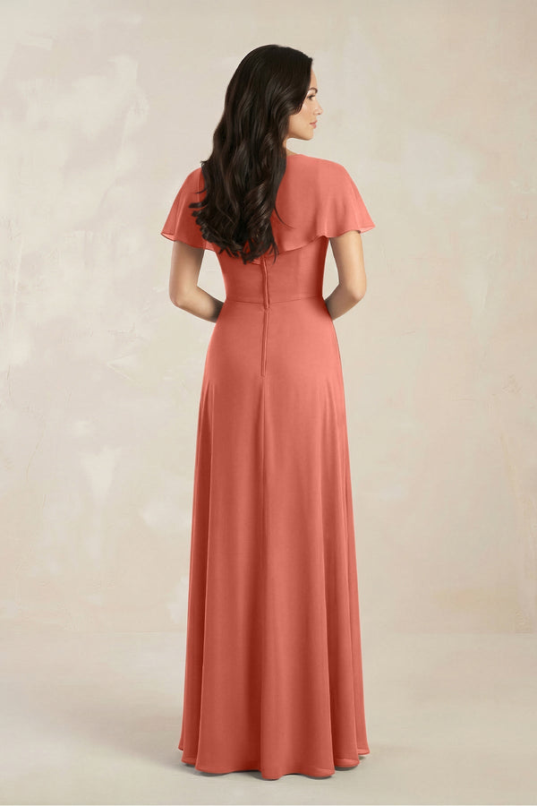 A - Line Short Sleeve Chiffon V - Neck Bridesmaid Dress in Wild Rose - SHE IS ME Bridesmaid Dresses
