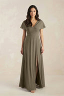 A - Line Short Sleeve Chiffon V - Neck Bridesmaid Dress in Willow Green - SHE IS ME Bridesmaid Dresses