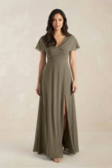 A - Line Short Sleeve Chiffon V - Neck Bridesmaid Dress in Willow Green - KISS BRIDAL Bridesmaid Dresses