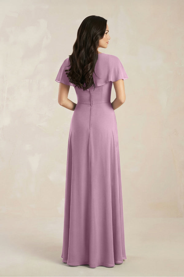 A - Line Short Sleeve Chiffon V - Neck Bridesmaid Dress in Wisteria - SHE IS ME Bridesmaid Dresses