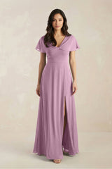 A - Line Short Sleeve Chiffon V - Neck Bridesmaid Dress in Wisteria - KISS BRIDAL Bridesmaid Dresses