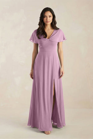 A - Line Short Sleeve Chiffon V - Neck Bridesmaid Dress in Wisteria - SHE IS ME Bridesmaid Dresses
