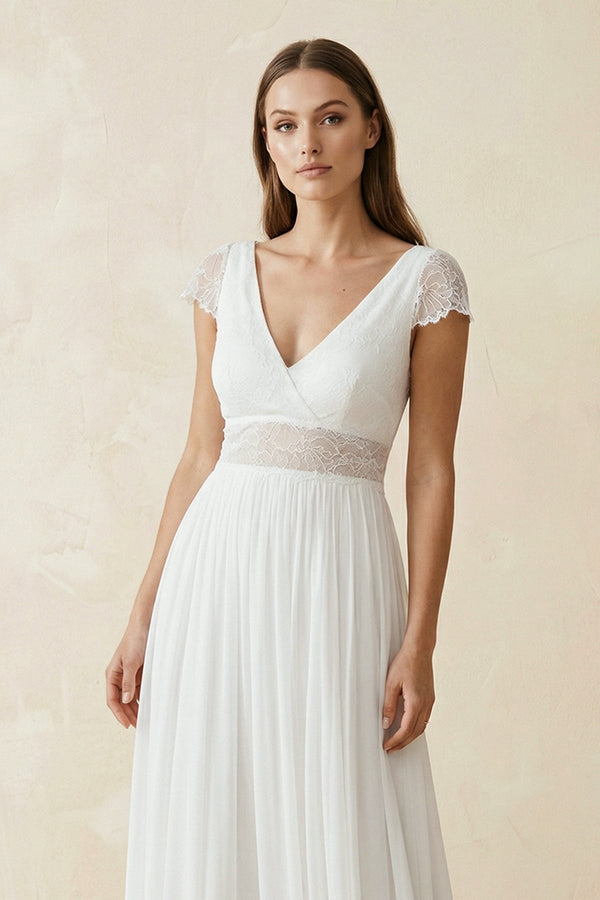A Line Short Sleeves Chiffon Wedding Dress With Lace in Ivory - SHE IS ME Wedding Dresses