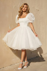 A Line Short Sleeves Organza Wedding Dress - KISS BRIDAL Wedding Dresses