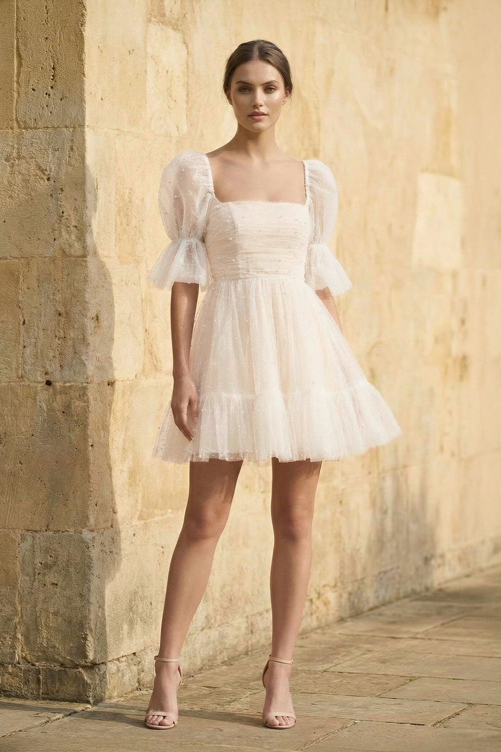 A Line Short Sleeves Tulle Wedding Dress - SHE IS ME Wedding Dresses
