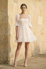 A Line Short Sleeves Tulle Wedding Dress - KISS BRIDAL Wedding Dresses
