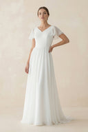 A Line Short Sleeves V Neck Chiffon Wedding Dress in White - SHE IS ME Wedding Dresses