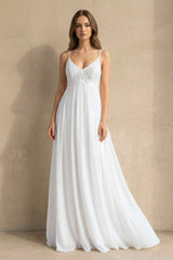 A Line Spaghetti Chiffon Lace Sleeveless Wedding Dress in White - KISS BRIDAL Wedding Dresses