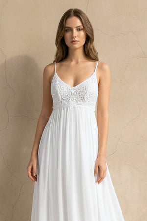 A Line Spaghetti Chiffon Lace Sleeveless Wedding Dress in White - SHE IS ME Wedding Dresses
