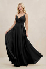 A-Line Spaghetti Strap Chiffon Bridesmaid Dress in Black - KISS BRIDAL BRIDESMAID DRESSES