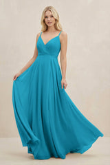 A-Line Spaghetti Strap Chiffon Bridesmaid Dress in Blue Jay - KISS BRIDAL BRIDESMAID DRESSES