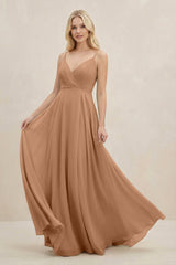 A-Line Spaghetti Strap Chiffon Bridesmaid Dress in Bronzer - KISS BRIDAL BRIDESMAID DRESSES