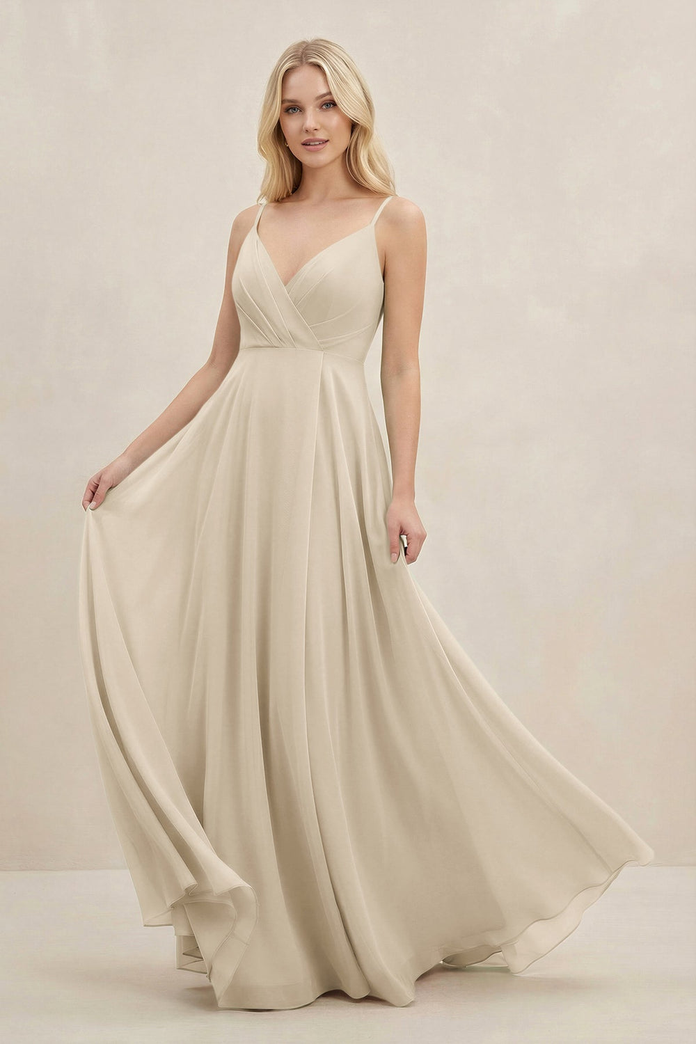 A-Line Spaghetti Strap Chiffon Bridesmaid Dress in Champagne - KISS BRIDAL BRIDESMAID DRESSES