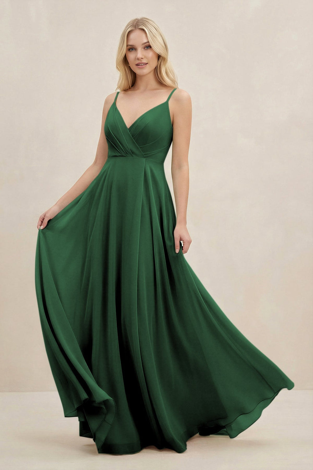 A-Line Spaghetti Strap Chiffon Bridesmaid Dress in Dark Green - KISS BRIDAL BRIDESMAID DRESSES
