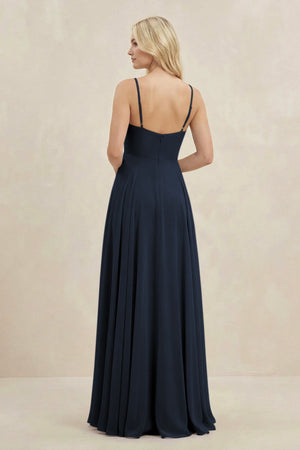 A-Line Spaghetti Strap Chiffon Bridesmaid Dress in Dark Navy - SHE IS ME BRIDESMAID DRESSES