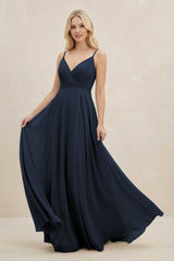 A-Line Spaghetti Strap Chiffon Bridesmaid Dress in Dark Navy - KISS BRIDAL BRIDESMAID DRESSES