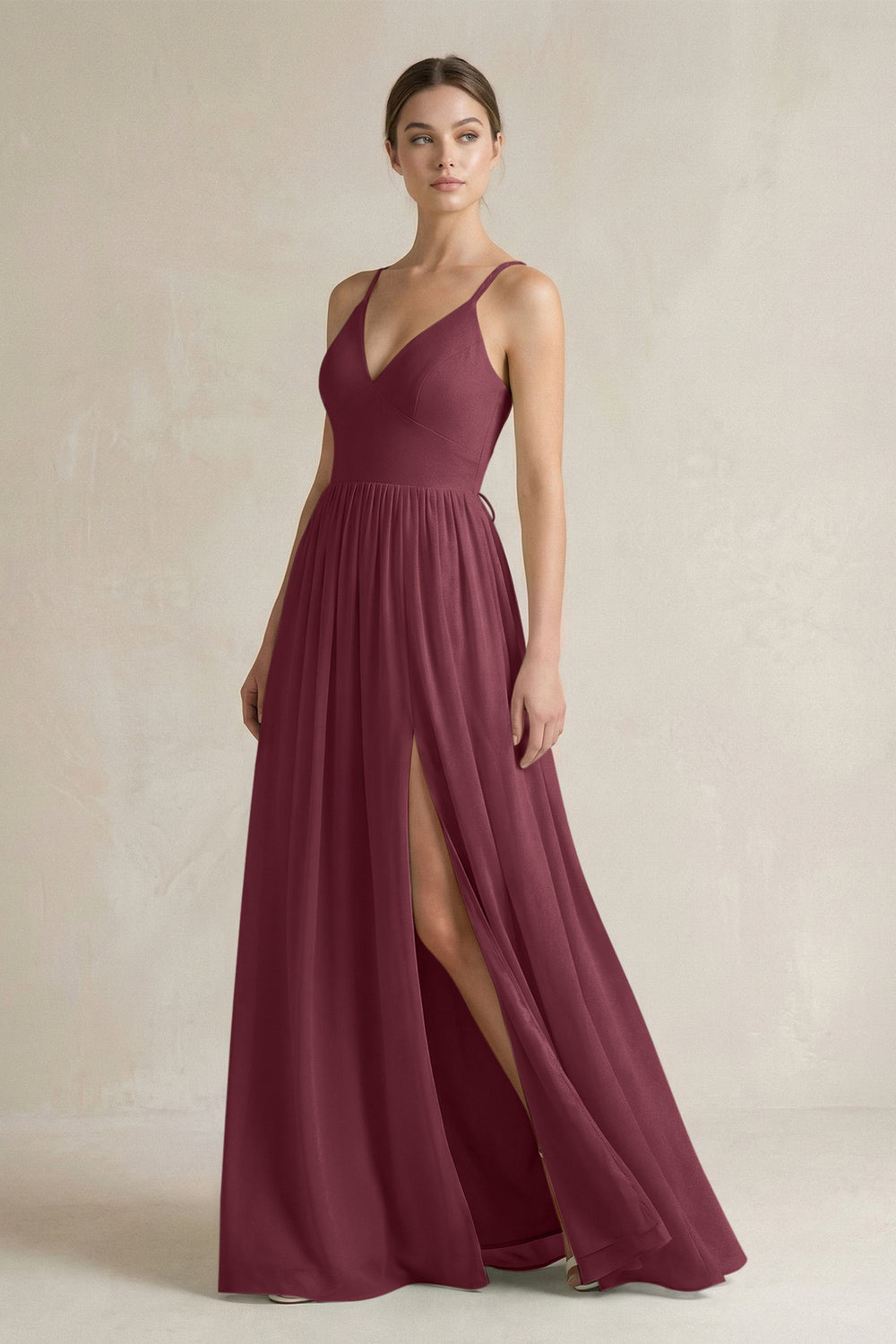 A-Line Spaghetti Strap Chiffon Bridesmaid Dress in Desert Rose