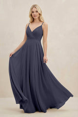 A-Line Spaghetti Strap Chiffon Bridesmaid Dress in Dusk Blue - KISS BRIDAL BRIDESMAID DRESSES