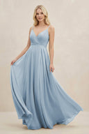 A-Line Spaghetti Strap Chiffon Bridesmaid Dress in Dusty Blue - SHE IS ME BRIDESMAID DRESSES