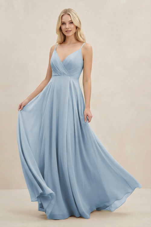 A-Line Spaghetti Strap Chiffon Bridesmaid Dress in Dusty Blue - SHE IS ME BRIDESMAID DRESSES