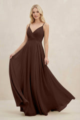 A-Line Spaghetti Strap Chiffon Bridesmaid Dress in Espresso - KISS BRIDAL BRIDESMAID DRESSES