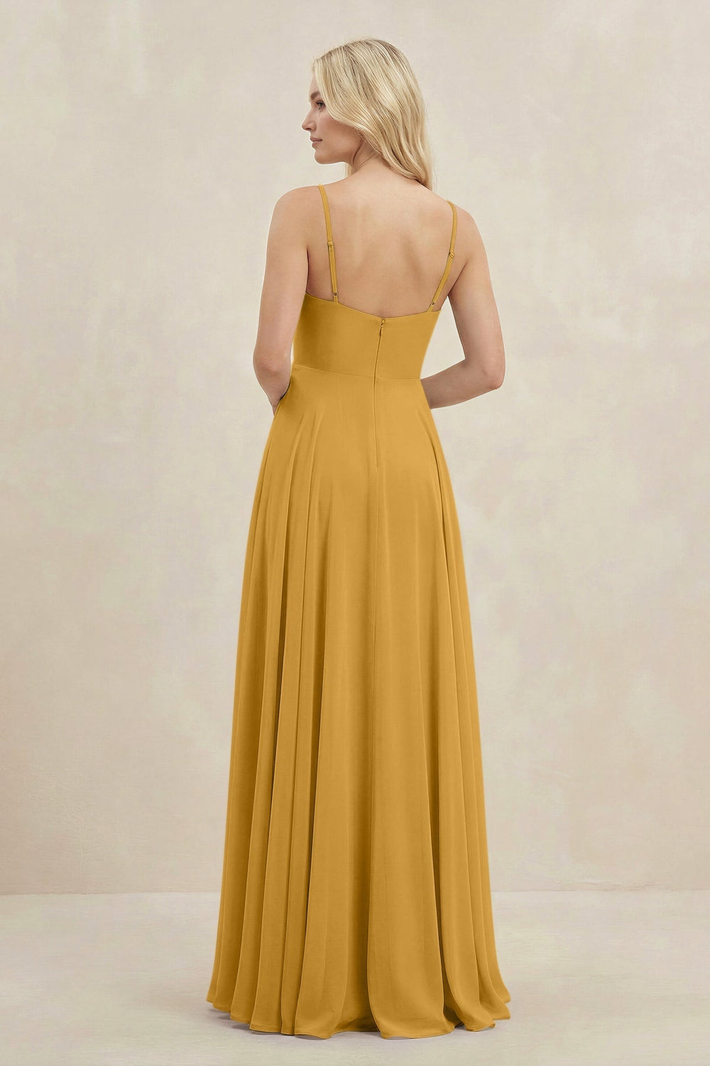 A-Line Spaghetti Strap Chiffon Bridesmaid Dress in Marigold - KISS BRIDAL BRIDESMAID DRESSES