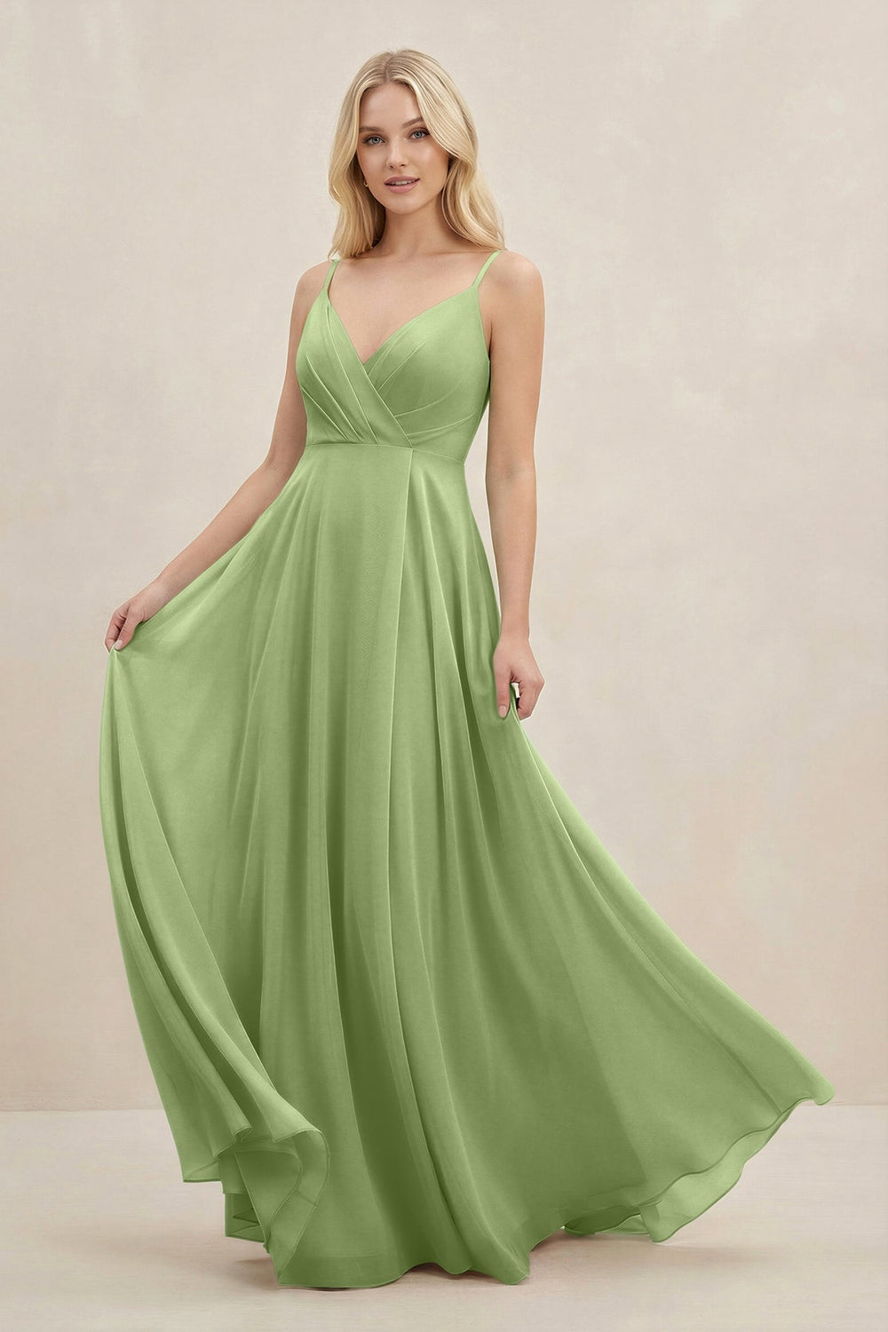 A-Line Spaghetti Strap Chiffon Bridesmaid Dress in Matcha - KISS BRIDAL BRIDESMAID DRESSES