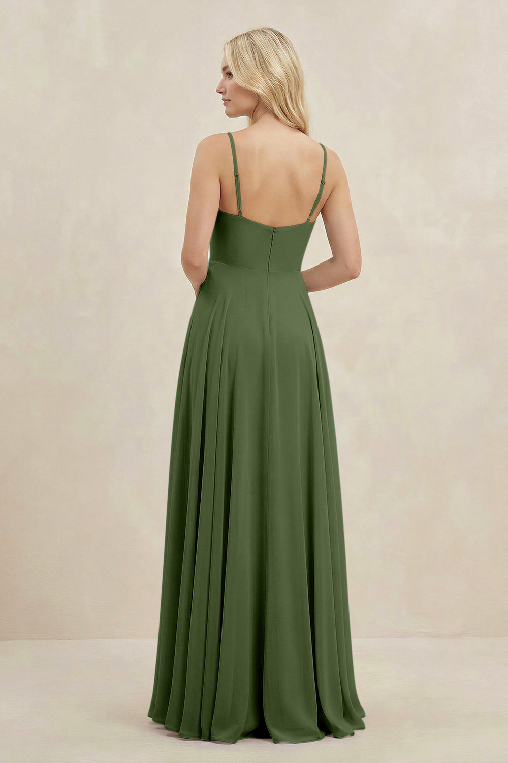 A-Line Spaghetti Strap Chiffon Bridesmaid Dress in Moss
