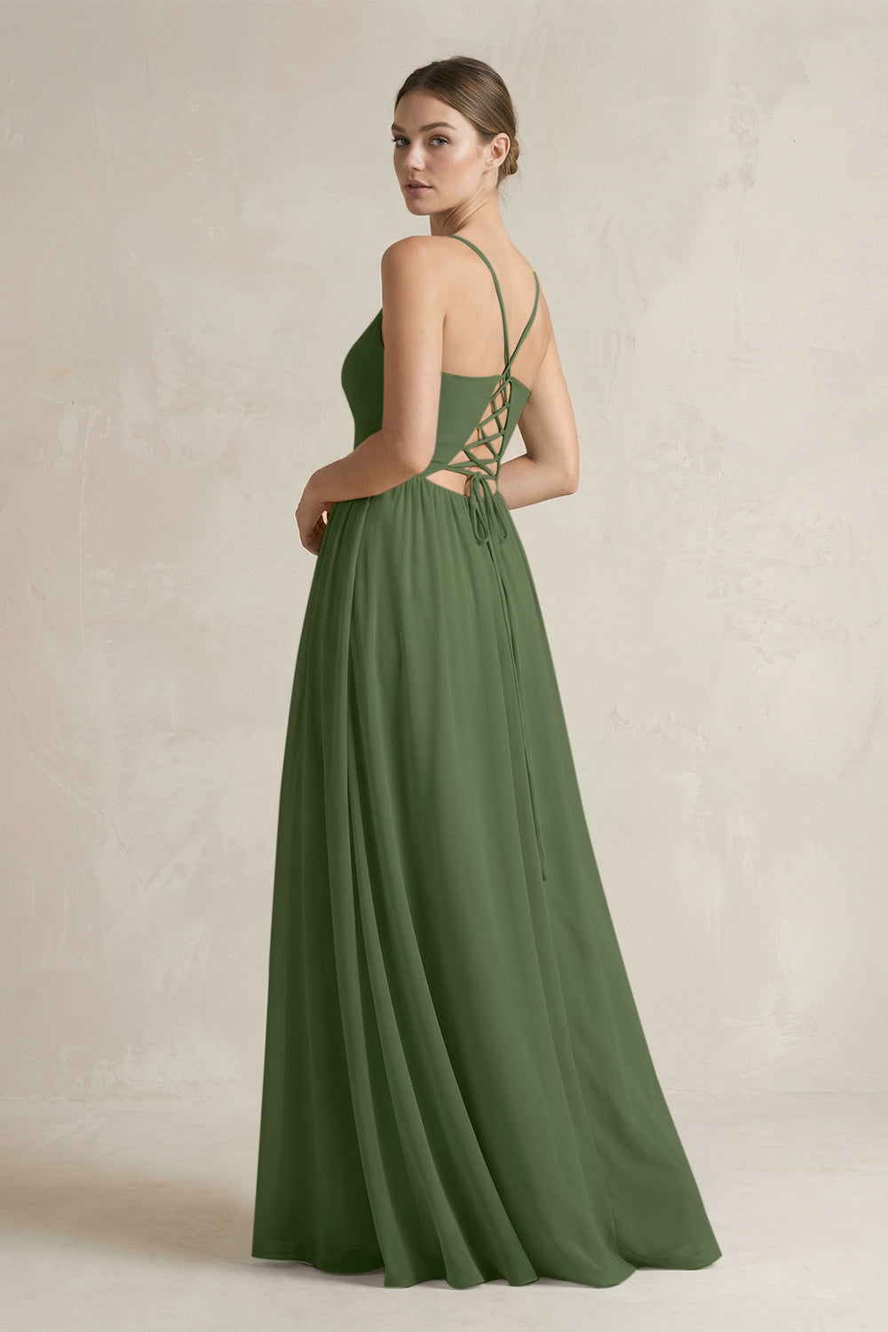 A-Line Spaghetti Strap Chiffon Bridesmaid Dress in Moss