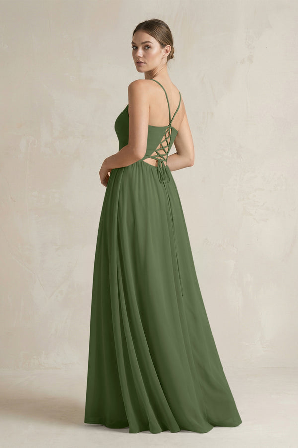 A-Line Spaghetti Strap Chiffon Bridesmaid Dress in Moss (2) | KISSBRIDAL