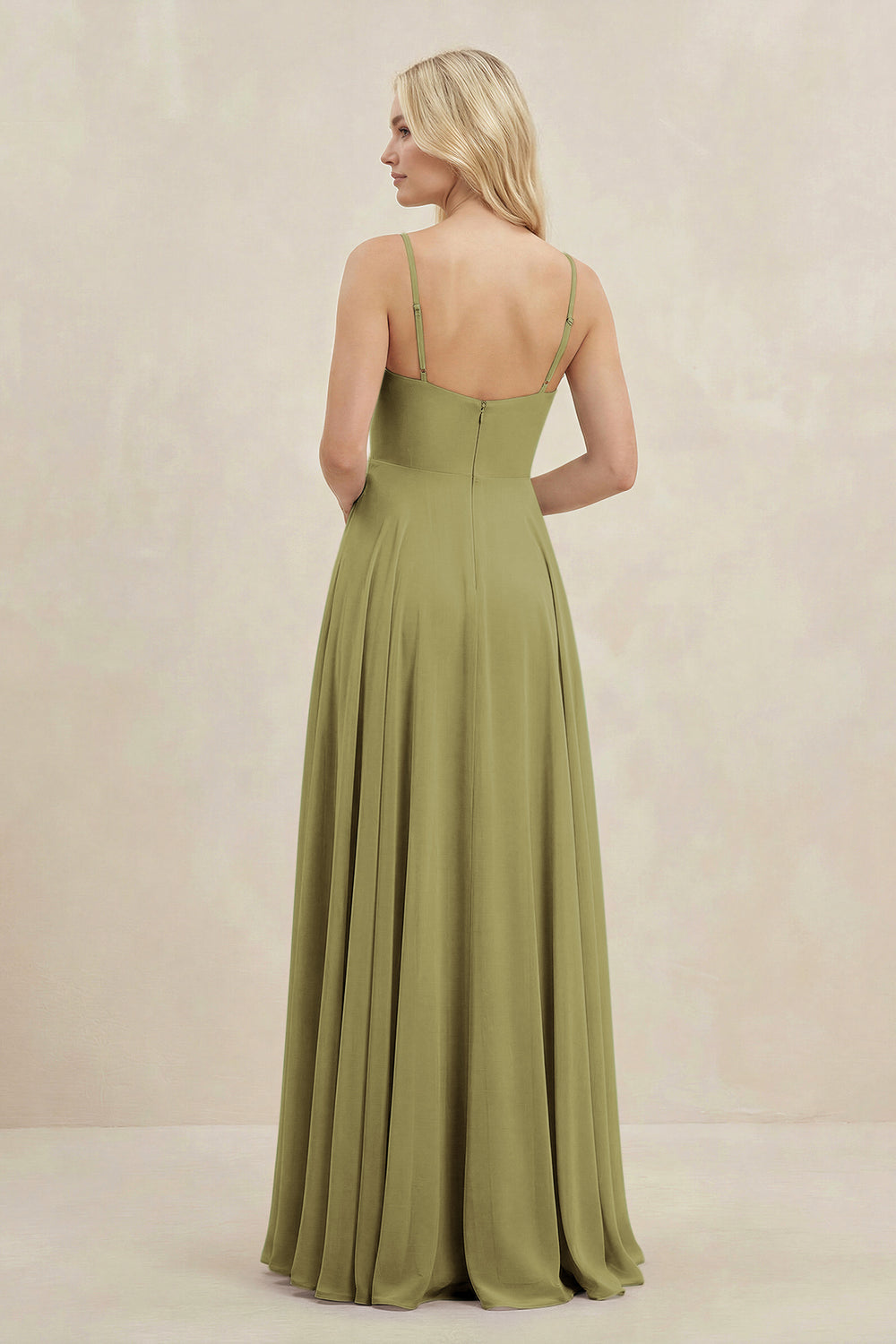 A-Line Spaghetti Strap Chiffon Bridesmaid Dress in Moss Green