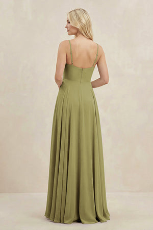 A-Line Spaghetti Strap Chiffon Bridesmaid Dress in Moss Green (2) | KISSBRIDAL