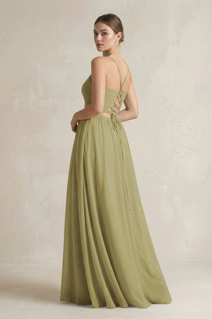 A-Line Spaghetti Strap Chiffon Bridesmaid Dress in Moss Green (2) | KISSBRIDAL