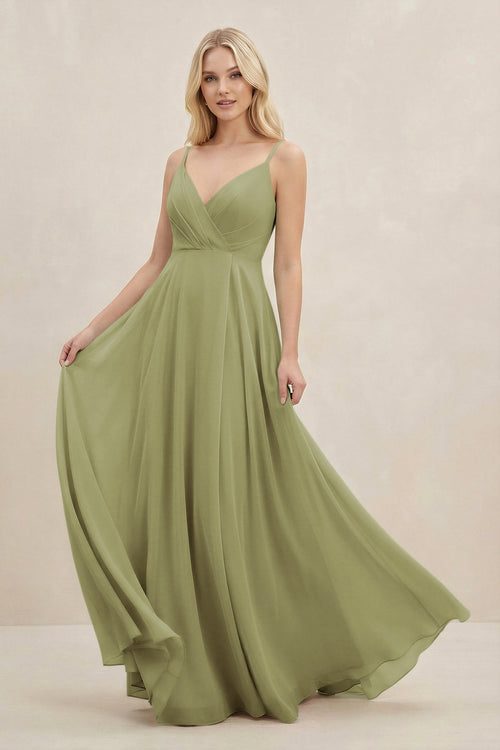A-Line Spaghetti Strap Chiffon Bridesmaid Dress in Moss Green - SHE IS ME BRIDESMAID DRESSES