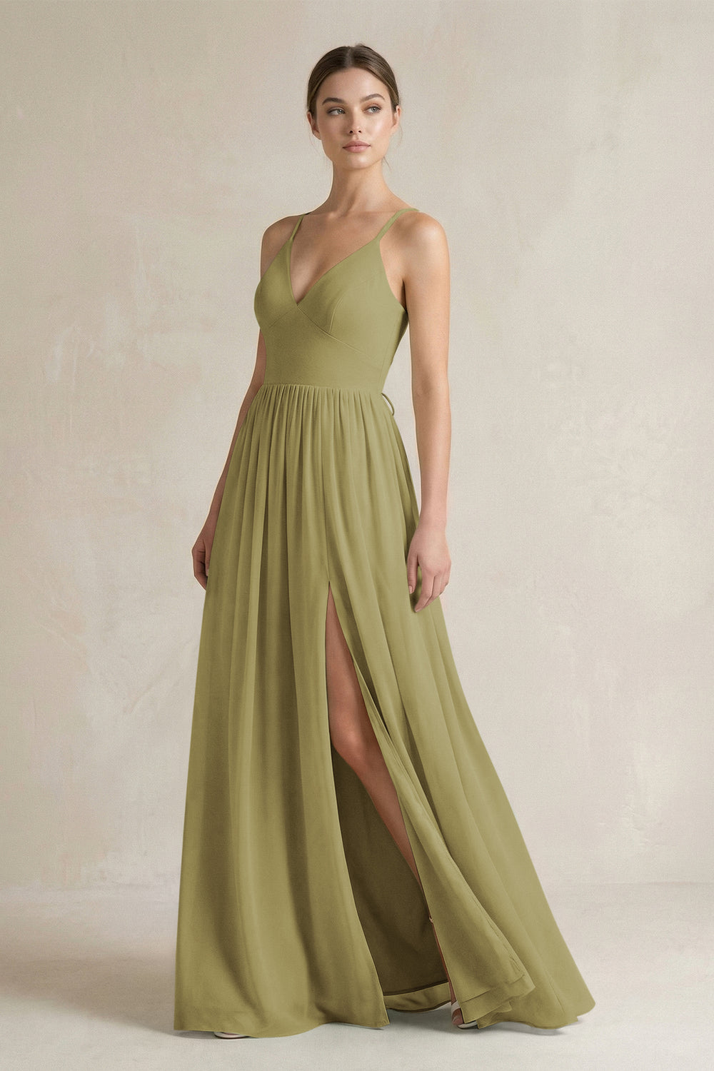 A-Line Spaghetti Strap Chiffon Bridesmaid Dress in Moss Green
