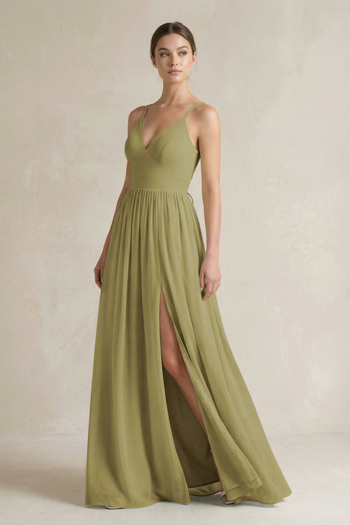 A-Line Spaghetti Strap Chiffon Bridesmaid Dress in Moss Green | KISSBRIDAL