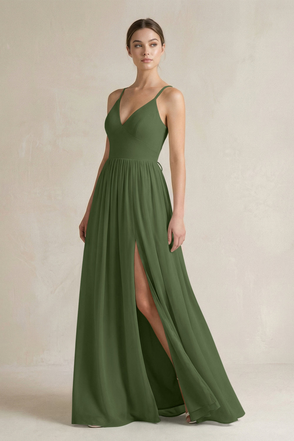 A-Line Spaghetti Strap Chiffon Bridesmaid Dress in Moss