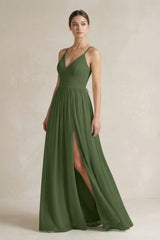 A-Line Spaghetti Strap Chiffon Bridesmaid Dress in Moss | KISSBRIDAL