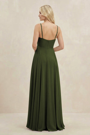 A-Line Spaghetti Strap Chiffon Bridesmaid Dress in Olive - SHE IS ME BRIDESMAID DRESSES