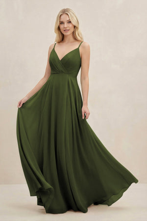 A-Line Spaghetti Strap Chiffon Bridesmaid Dress in Olive - SHE IS ME BRIDESMAID DRESSES