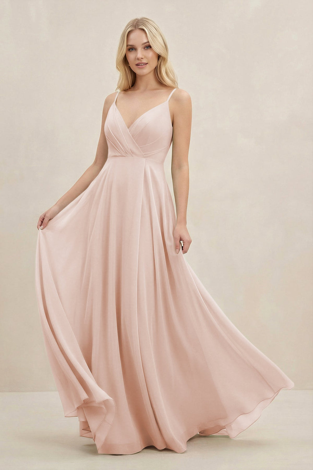 A-Line Spaghetti Strap Chiffon Bridesmaid Dress in Pale Blush - KISS BRIDAL BRIDESMAID DRESSES