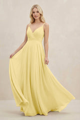 A-Line Spaghetti Strap Chiffon Bridesmaid Dress in Pastel Yellow - KISS BRIDAL BRIDESMAID DRESSES