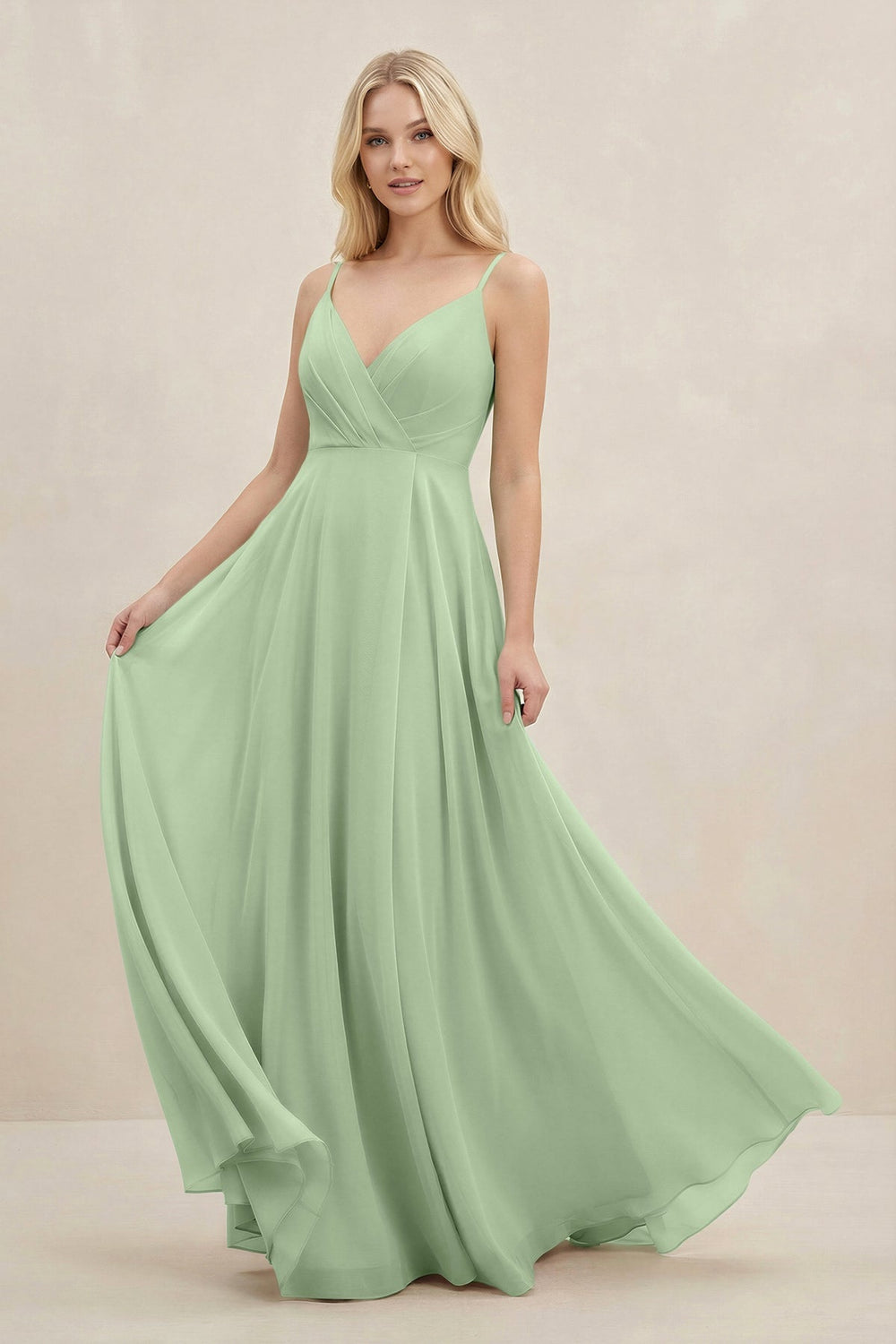 A-Line Spaghetti Strap Chiffon Bridesmaid Dress in Sage - KISS BRIDAL BRIDESMAID DRESSES