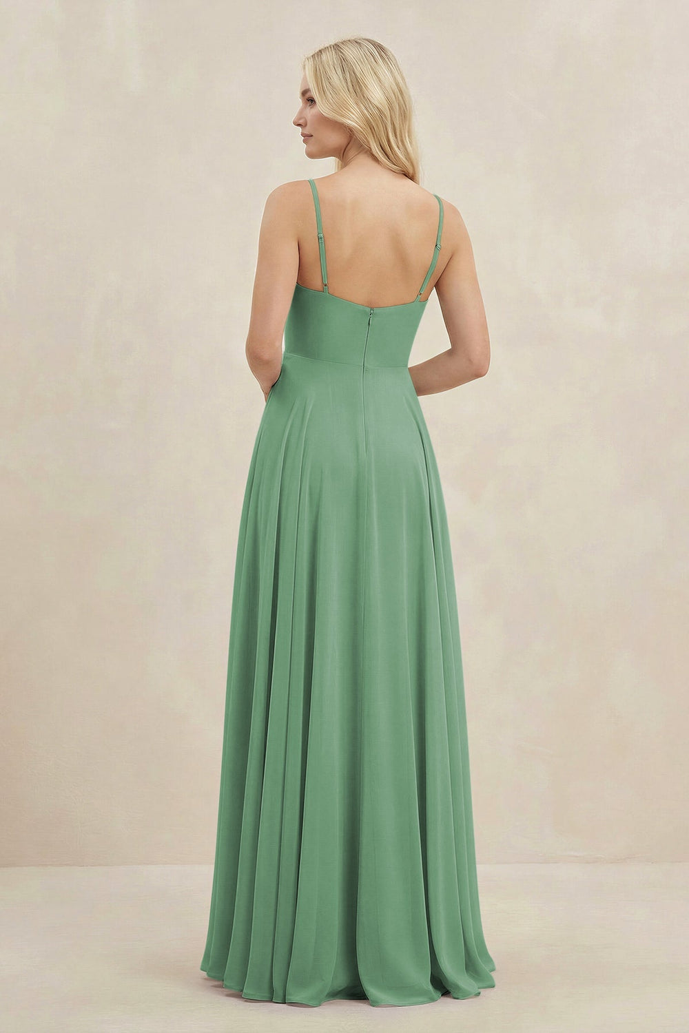 A-Line Spaghetti Strap Chiffon Bridesmaid Dress in Sea Glass - KISS BRIDAL BRIDESMAID DRESSES