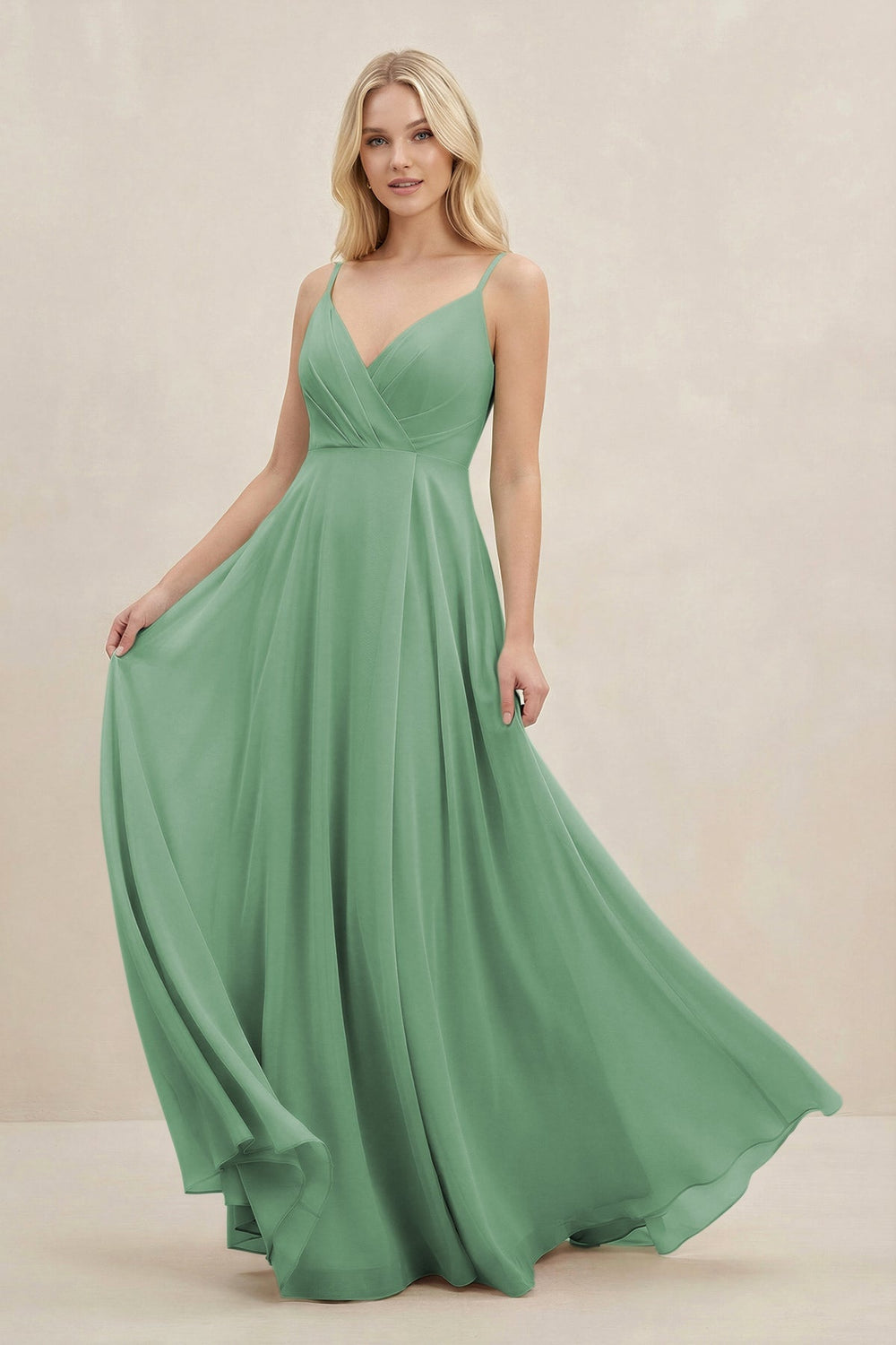 A-Line Spaghetti Strap Chiffon Bridesmaid Dress in Sea Glass - KISS BRIDAL BRIDESMAID DRESSES