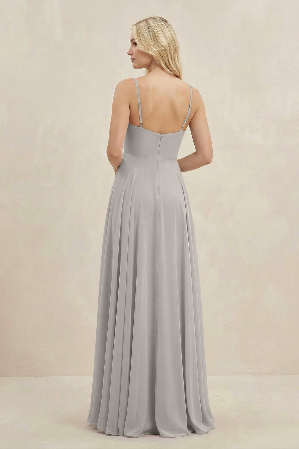 A-Line Spaghetti Strap Chiffon Bridesmaid Dress in Silver - KISS BRIDAL BRIDESMAID DRESSES