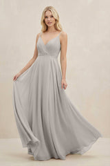 A-Line Spaghetti Strap Chiffon Bridesmaid Dress in Silver - KISS BRIDAL BRIDESMAID DRESSES